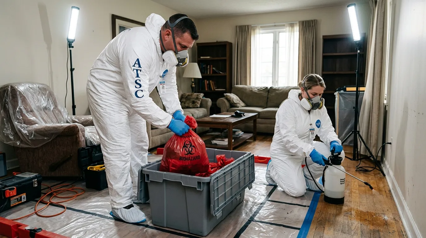 Professional Biohazard Cleanup technician in full PPE working in Basking Ridge
